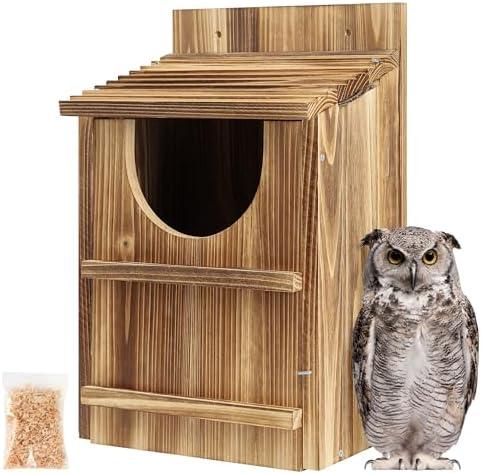 UUMENHA Owl House,Carbonized Cedar Large Owl Bird Box with Shavings,Owl Boxes for Outside 14.5×9×7.5 inches,Owl Nesting Box for Wildlife Lovers,Easy Assembly Required