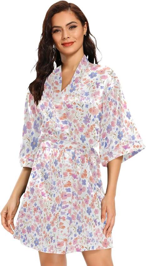 Floral Women Kimono Robes, Bathrobe Pajamas Dress Comfy Nightshirt Casual, L