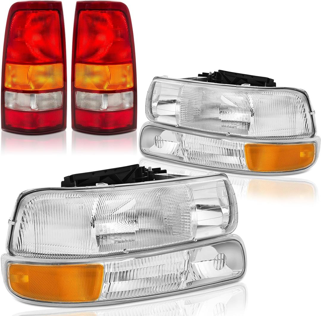 Headlights and Taillights Assembly Combo Kit for 1999 2000 2001 2002 Chevy Silverado 1500 2500 HD Head/Rear Brake Tail Lights Lamps Replacement Driver and Passenger Side (LH RH),OEM Factory Style