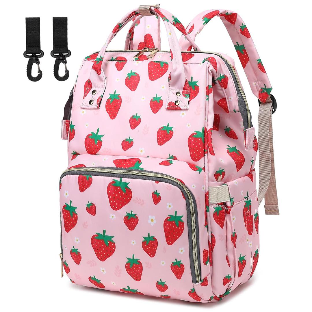 Strawberry Diaper Bag Backpack for Baby Girls, Mom Waterproof Large Nappy Bags for Women