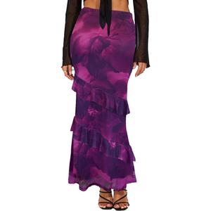 SEBOWEL Women Floral Mesh Long Skirt Tiered Sheer See Through Skirt Bohemian Boho High Waist Bodycon Mesh Ruffle Maxi Skirt (Purple, M)