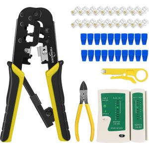 RJ45 Crimp Tool Kit for Cat5 Cat5e Cat6 Modular Plugs Connectors, RJ-11, 6P/RJ-12, 8P/RJ-45 Network Crimping Tool, Modular RJ45 Crimper Strip, Cut, Crimp, All-in-One