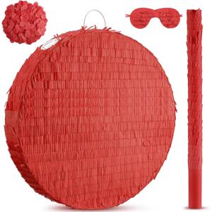 Jenaai 16 Inch Round Red Piñata Large circle Blank Piñata with Stick, Blindfold and Confetti for Adults and Kids' Birthday Parties Game DIY Wedding Celebration Baby Shower Carnival Party Supplies