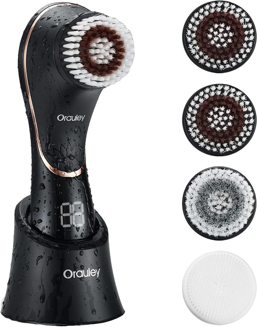 Facial Cleansing Brush, Electric Face Scrubber Rechargeable Exfoliator IPX-7 Waterproof Rotating Cleanser for Exfoliating, Massaging and Deep Cleansing for Women & Men with 4 Brush Heads Black (Black & Rose Gold)