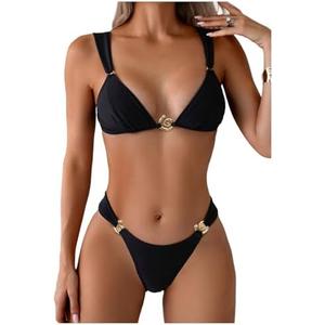 SweatyRocks Women's 2 Piece Swimsuit Tie Back High Cut Bikini Set Ring Linked Triangle Cheeky Bathing Suit, Small