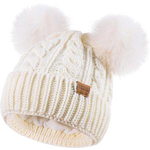 Women's Winter Hat Soft Knit Beanie with Faux Fur Pom Hat with Warm Fleece Lining Skull Cap for Women (White)