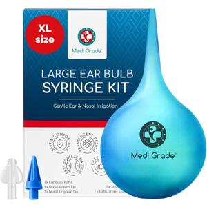 Medi Grade Large Ear Bulb Syringe, 3.04 fl oz - Translucent Bulb Ear Wax Removal Tool with Quad-Stream Tip Ear Cleaner - Travel Friendly and Gentle Ear Cleaning Kit (90ml)