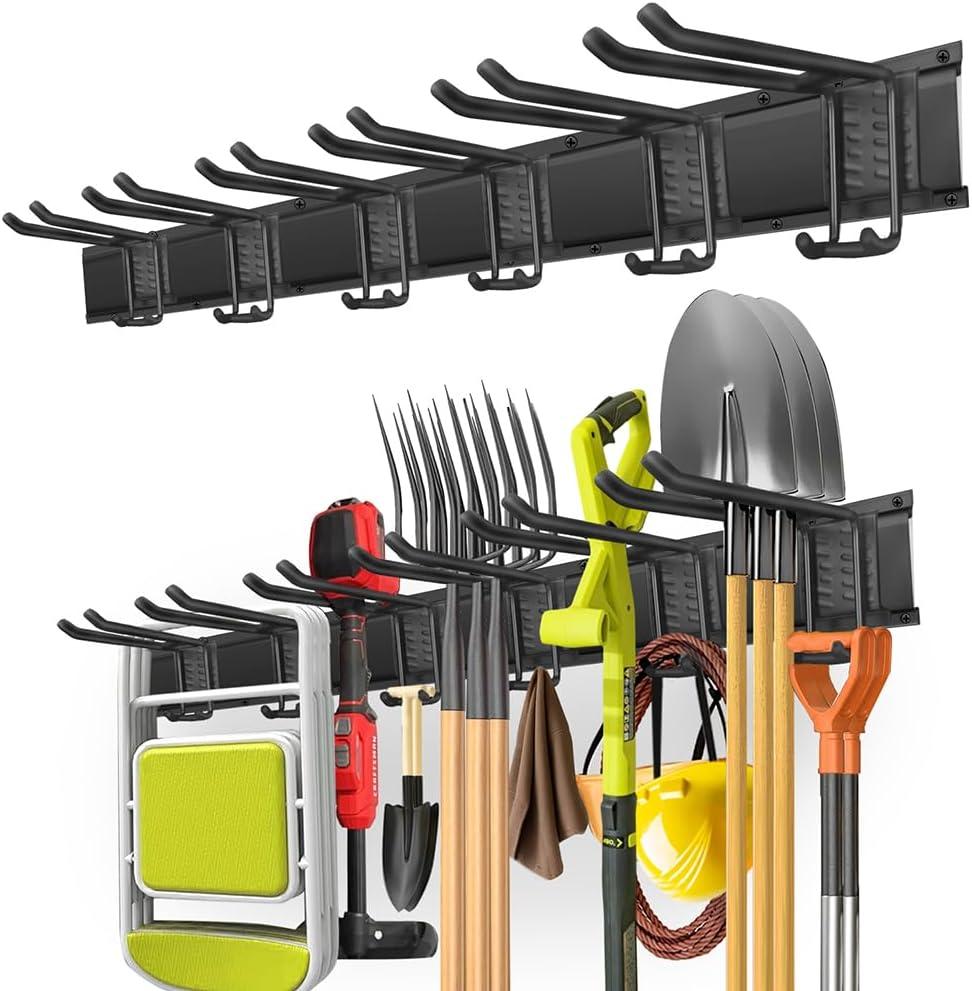 Garage Organization Wall Mount with 48 inches Rails and 6 Double-layer Hooks, Heavy Duty Garden Tool Rack, Hanging Storage Rack For Yard Tools, Shed (GS02)