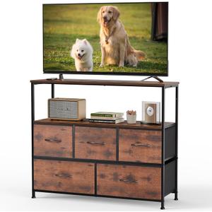 DUMOS TV Stand, Dresser with 5 Fabric Storage Drawers, Media Console Featuring Open Shelf for TV, Compact Entertainment Unit for Bedroom, Living Space, or Dorm Organization, Brown (39.4"D x 11.8"W x 31.5"H (5 Drawers))