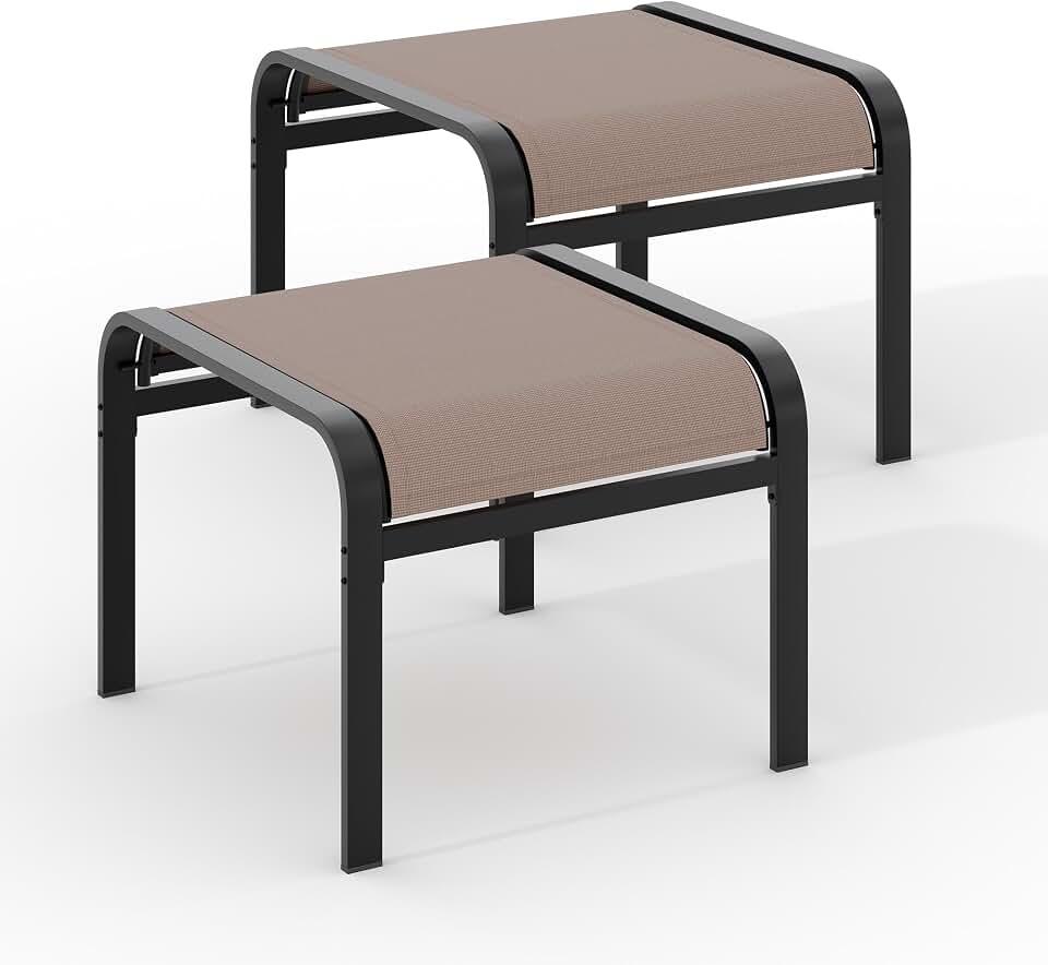 Outdoor Ottoman Set of 2, Outdoor Foot Stool with Textliene Fabric, Metal Frame, Stackable Oversized Foot Rest for Patio Garden Pool, Light Brown | Stackable Oversized Foot Rest for Patio Garden Pool, Light Brown