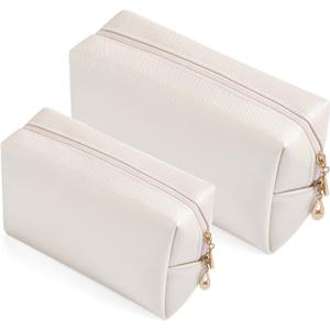 2pcc set PU Leather Cosmetic Bag for Women Minimalism Makeup Bag for Daily Use Portable Storage Purse Small Neat Cosmetic Pouch Water-resistant Toiletry Bag for Travel (Ivory White)