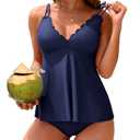 ANFILIA Tummy Control Tankini Bathing Suits for Women Two Piece Scallop Trim V Neck Tankini Top with Bottom Swimsuits Deep Blue M