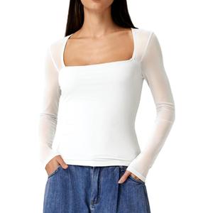QINSEN Women's Square Neck Long Sleeve Mesh Top Sheer Sleek Fitted Blouse for Casual Night Out