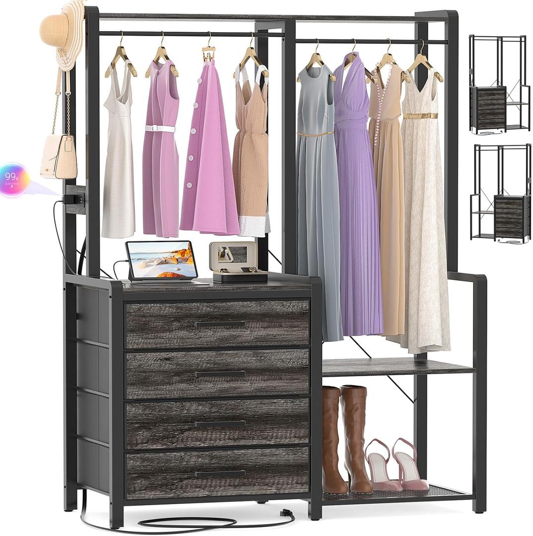 Cyclysio Closet Clothes Rack Garment Rack with 4 Drawers, Freestanding Closet Organizers and Storage System with Charging Station, Shelves and Hanging Rods for Small Spaces, Grey