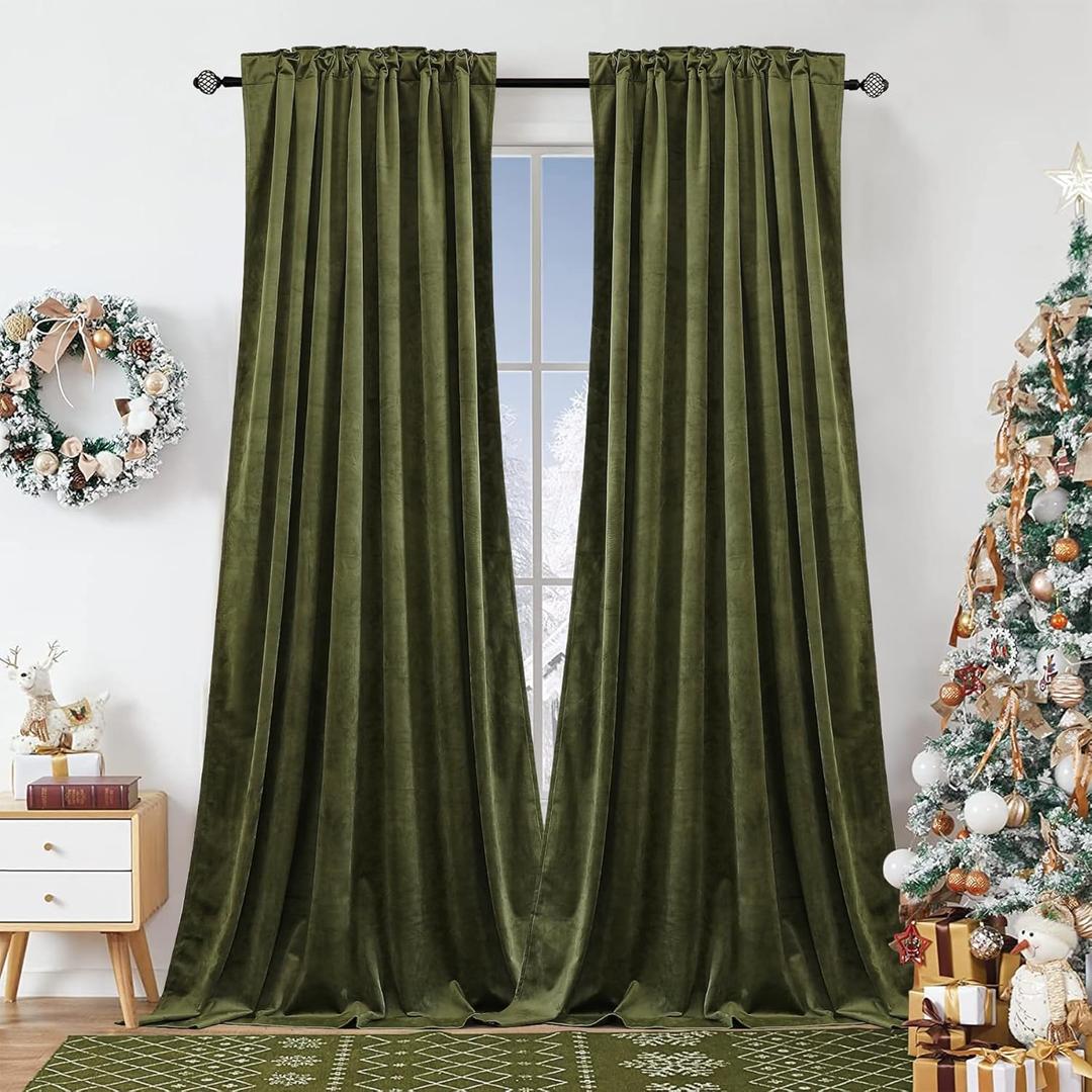 Olive Green Velvet Curtains for Bedroom Window, Super Soft Vintage Luxury Heavy Drapes, Room Darkening Rod Pocket Curtain for Living Room, W52 by L84 inches, 2 Panels