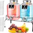Lallisa 2 Pcs 2 Gallon Glass Drink Dispenser with Stand Ice Cylinder Hanging Chalkboard Signs 18/8 Stainless Steel Spigot Beverage Dispensers for Parties Mason Jar Drink Lemonade (Silver Spigot)