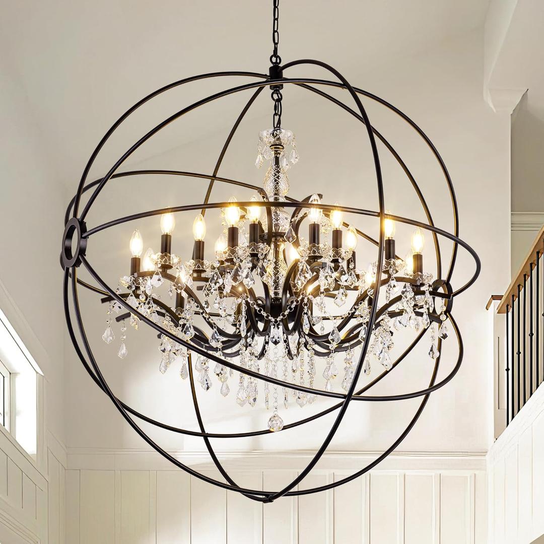 Wellmet Black Farmhouse Chandelier Light42'' Large Sphere Orb Chandeliers with Crystal for Foyer, Round Hanging Ceiling Lighting Fixture for Dining Room, Living Room Bedroom
