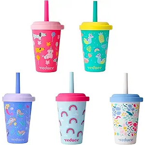 REDUCE GoGo's Kids Portable Tumbler Cups with Lids and Spill-Proof Straws - 3 Pack of Stackable 12 oz Tumblers with Twist-On Lids - Easy Storage, Dishwasher Safe - Serendipity Set