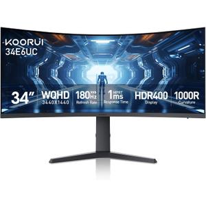 KOORUI 34-inch Curved Ultrawide WQHD 34401440 Gaming Monitor, 180Hz 1000R- PIP/PBP, 1ms(MPRT), HDR400, DCI-P3 95%, FreeSync Premium, 1 x DP 1.4 & 2 x HDMI 2.0, Tilt Height Swivel Adjustment, 34E6UC