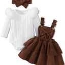 Baby Girl Spring Skirt Set Newborn Overall Dress Long Sleeve Ribbed Romper Suspender Skirts 3Pcs Outfits (12-18 Months, Brown)
