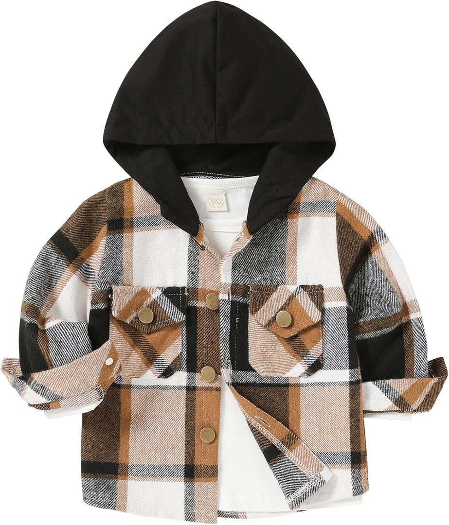YOUNGER STAR Toddler Kids Boys Girls Flannel Hooded Plaid Shirt Button Baby Red Clothes (2-3T, Khaki Hooded Coat)