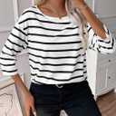 LilyCoco Womens 3/4 Length Sleeve Tops Striped Boat Neck Shirt Frenchy Cotton Tees White Small (S)