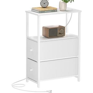 TUTOTAK Small Narrow End Table with Charging Station, Side Table with Outlets, Nightstand with 2 Cloth Drawers, Couch Table, for Living Room, Bedroom, Bedside, White TB01BW085 White