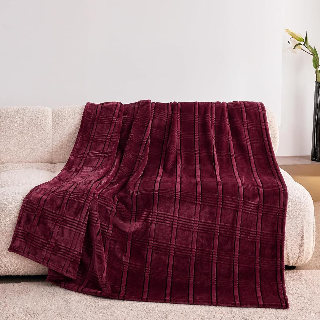 Super Soft Flannel Throw Blanket 50x60 Inches, Premium Checkered Jacquaed Silky Fleece Lightweight Bed Blanket All Season Use, Burgundy Strip, 50"x60"