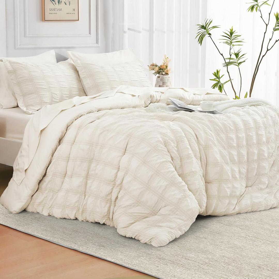 JOLLYVOGUE Queen Comforter Set Seersucker 7 Pieces, Ivory Comforter, Soft Bed in a Bag Queen Size, All Season Bedding Set with Comforter, Flat Sheet, Fitted Sheet, Pillowcases, Pillow Shams (Queen(88"x 88"))