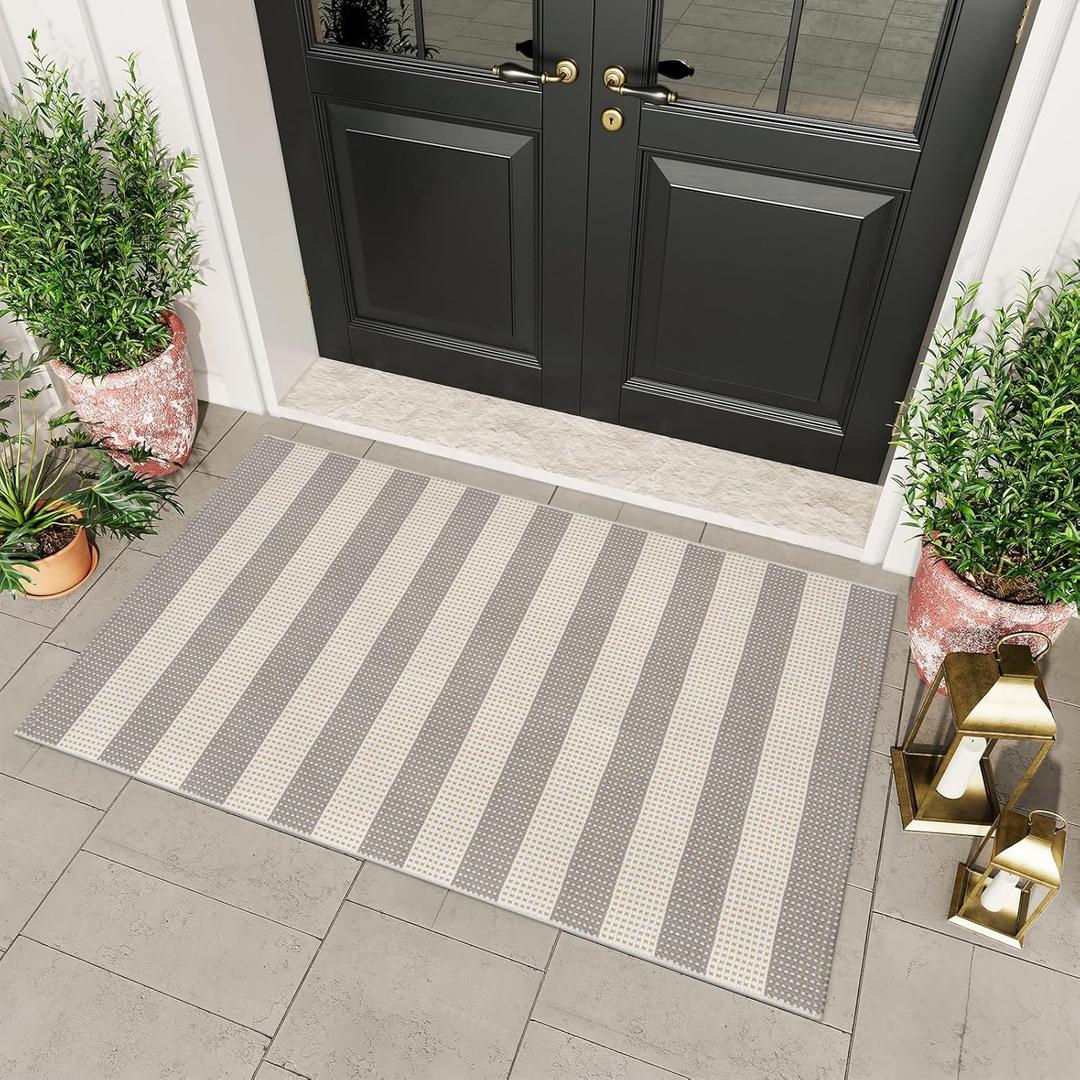 OJIA Indoor Outdoor Rugs 3'x5', Washable Area Rug Entryway Rugs Indoor Front Door Mats Striped Porch Rug Cotton Small Floor Carpet for Entry/Patio/Deck/Balcony/Bedroom/Living Room (Gray/White/Tan)