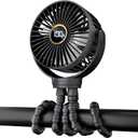 Portable Stroller Mini Fan, Small Rechargeable Personal Fan, Baby Travel Essentials for Wagon, Car Seat, Treadmill, Battery Powered Biking Gear Accessories, 360 Rotation, 3-Speed, Display, Black