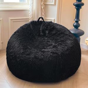 XeGe Fluffy Stuffed Animal Storage Bean Bag Chair Cover (No Filler), Faux Fur Washable Ultra Soft Bean Bag Cover for Plush Toys or Textile, Plush Shaggy Large Bean Bag for Adults Kids Teens, Black (Large(38"x38"x40"))