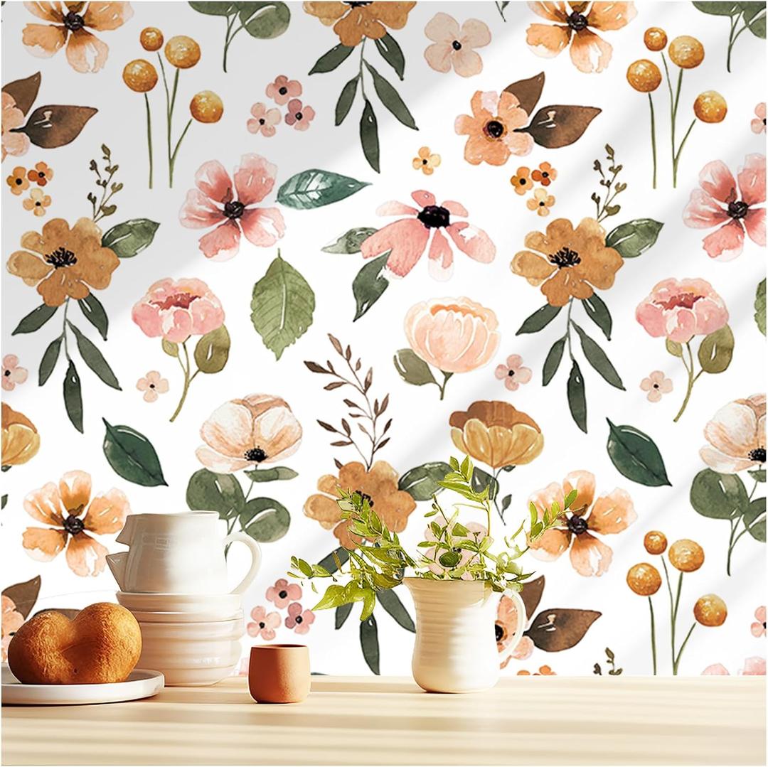 HAOKHOME Renter Friendly Wallpaper Peel and Stick Floral White/Yellow/Green Vintage Wall Paper for Bathroom Contact Paper 17.7in x 32.8ft