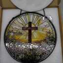Stained Glass Window Hanging, 8 Inch Cross Wildflowers Suncatcher, Christian Sun Catchers Indoor Window, Floral Cross Religious Home Garden Decor Glass Panel, Easter Faith Christian Gifts for Women