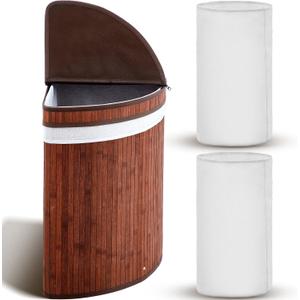 Gueevin Corner Laundry Hamper with Lid and 2 Removable Cloth Liners Bamboo Corner Laundry Basket Collapsible Clothes Basket Storage Bin for Bedroom Bathroom Living Room(Espresso Color), 14 x 14 x 24.5 inches