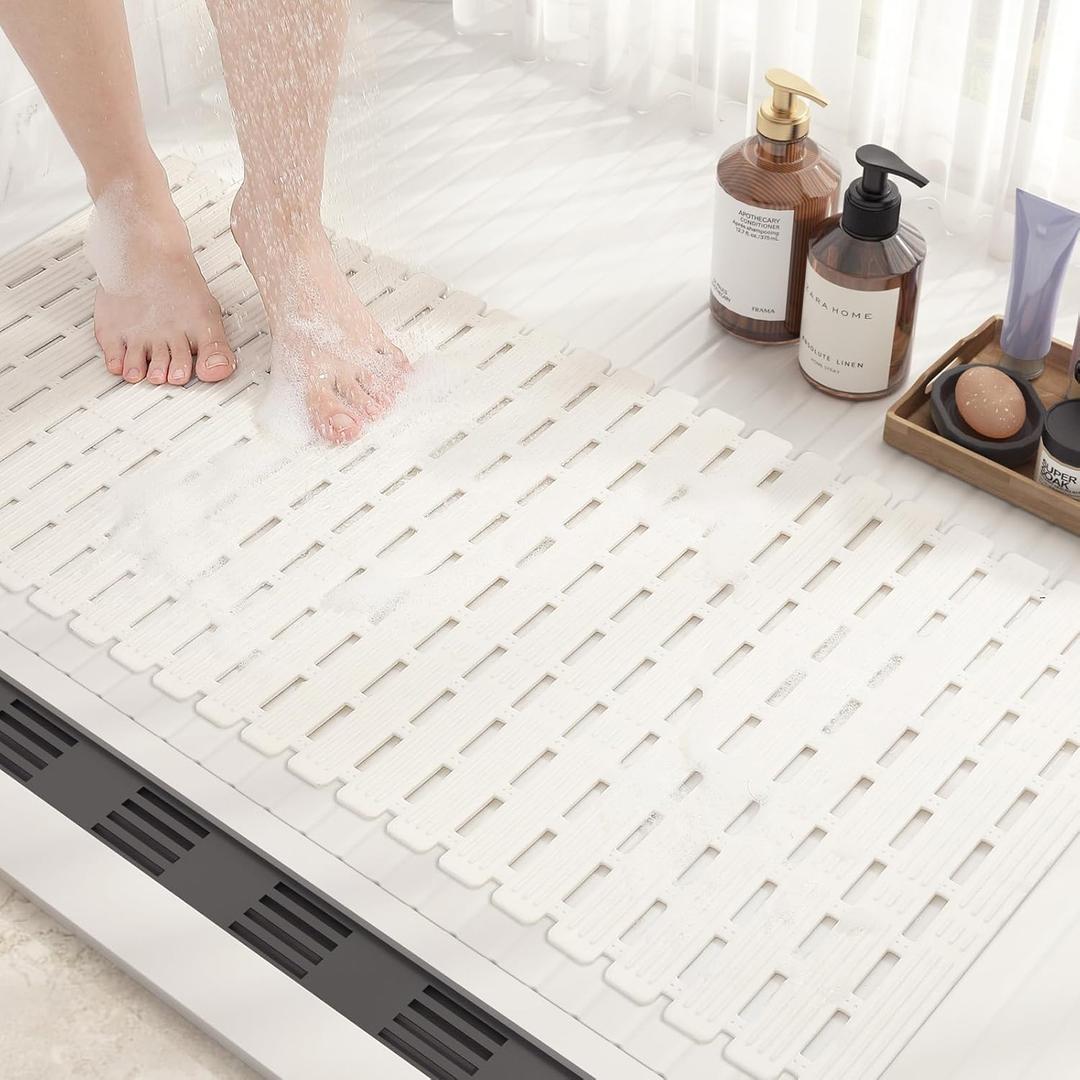 Color&Geometry Shower Mat Non Slip Bath Mat for Tub 16"x27" Bathtub Mat Non Slip Shower Mat for Shower, Bath Mat with Powerful Suction Cup and Drain Holes, Easy to Cut, White