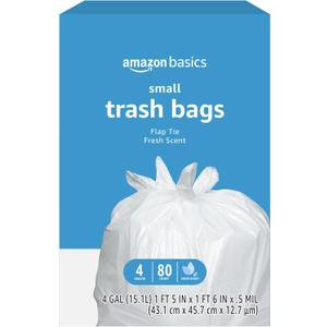Amazon Basics Small 4 Gallon Trash Bags with Flap Ties, Fresh Scent, Odor Control, 0.5 mil Thick, 80 Count