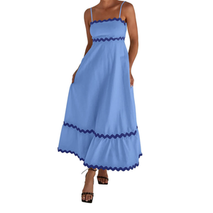 dowerme Women Summer Dresses 2025 Spaghetti Straps Sleeveless Smocked Rickrack Trim Boho Flowy Loose A-Line Midi Dress L