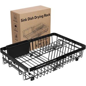 MAJALiS Expandable Stainless Steel Over The Sink Dish Drying Rack for Small Kitchen Counter Space Saving, Compact RV Plate Drainer Strainer in Black Wire Metal with Hanging Adjustable Utensil Holder