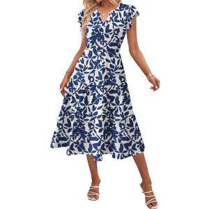 Zeagoo Womens Summer Casual Dresses Ruffle Sleeve V Neck Midi Dress Flowy Tiered Dress with Pockets Boho Sundresses (Large, Black White-printed-1)
