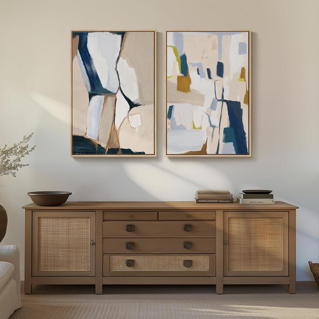 Large Framed Neutral Abstract Wall Art, 2 Piece Beige and Navy Blue Modern Minimalist Canvas Prints Paintings Artwork for Walls, Colorful Pictures for Living Room Dining Bedroom Wall Decor 20x30 In