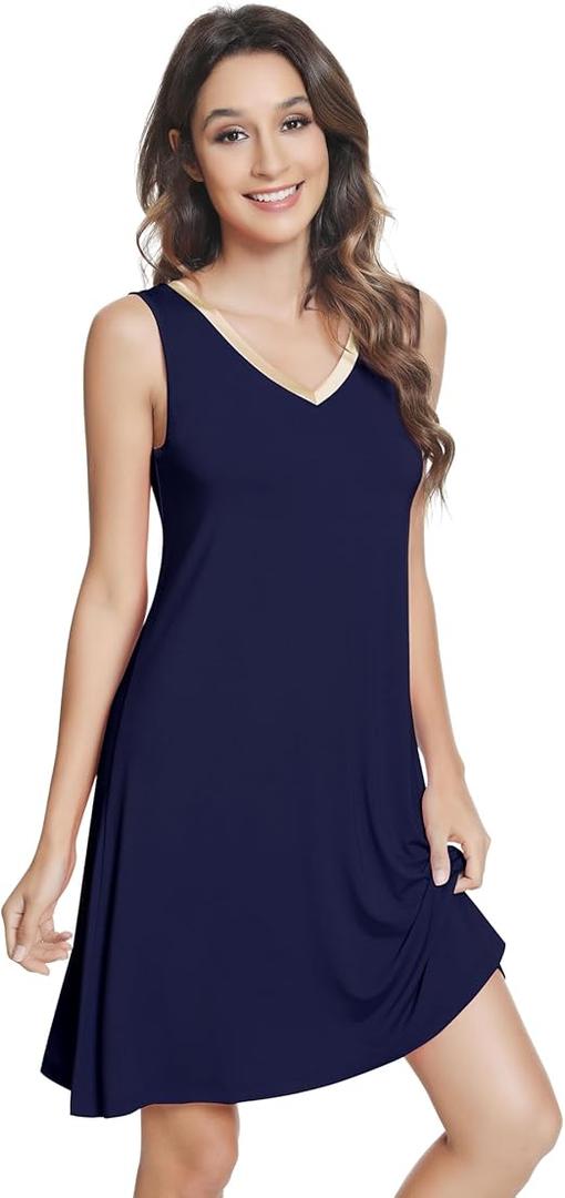 NACHILA Women's Nightgowns-Viscose Made from Bamboo, Sleeveless Sleep Shirts Pleated Night Dress Cool Sleepwear M, Navy Bue
