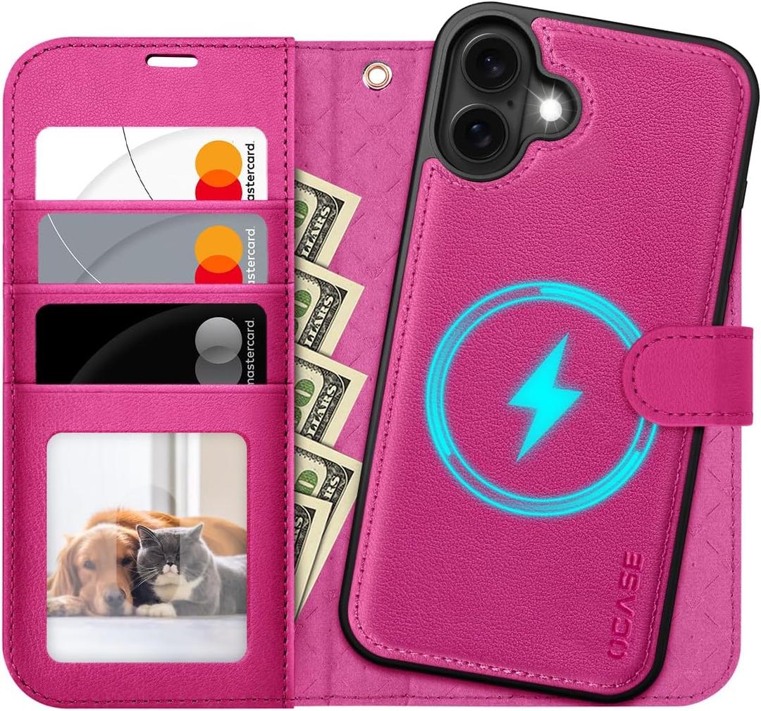 OCASE for iPhone 17 Detachable Wallet Case with Card Holder, 2 in 1 PU Leather Flip Folio with RFID Blocking Stand Wrist Strap Shockproof Phone Cover 6.3 Inch 2025, Rose