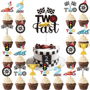 Two Fast Cake Decorations - 25 Pcs Race Car Theme Curious Baby 2nd Birthday Cupcake Topper Let's Go Racing Table Decor Trophy Checkered Flag Traffic Light 2 Years Old Party Supplies for Boys