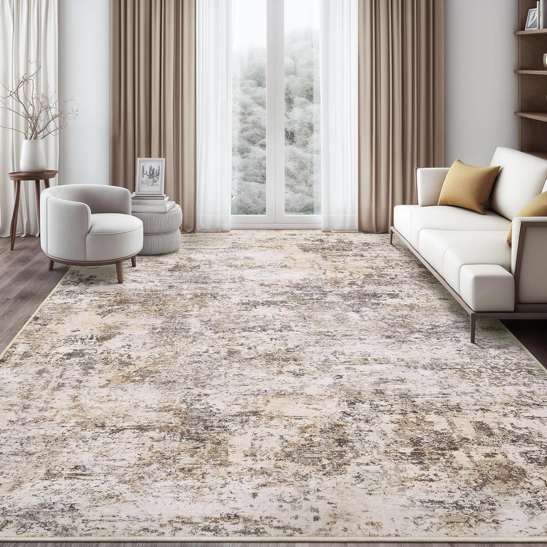 8x10 Area Rugs - Washable Rug for Living Room, Ultra-Thin Abstract Rug, Indoor Non-Slip Rug for Bedroom, Stain Resistant Large Area Rug, Super Soft Low Pile Rugs, Brown (8' x 10')