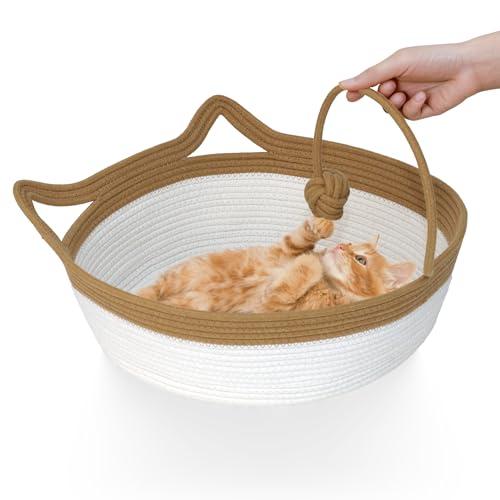 WEAVELYRICS Cotton Rope Cat Bed, Foldable Sleeping Basket with Playing Rope Ball, Hand Woven Small Dogs Sofa Bed, Kitten Shaped House for Pets (Medium, Brown & Beige)