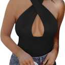 REORIA Butsmooth Women's Trendy Sexy Criss Cross Halter Neck Sleeveless Thong Bodysuits Tops Clubwear (Large, Black)