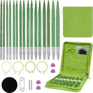 Hobekoee Interchangeable Circular Knitting Needles Set,8 Pairs Birch Wood Interchangeable Knitting Needles Set 3.5mm-6.5mm with Cables, Accessories and Case (Green)