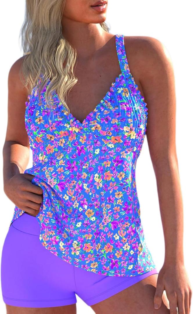 ROSEWE Womens Tankini Bathing Suits, Two-Piece Smocked Swim Dress, Print Swimsuits with Board Shorts (X-Large, Purple Floral)