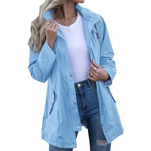 Rain Jacket Women Striped Lined Hooded Lightweight Raincoat Outdoor Waterproof Windbreaker (Large, Sky Blue)